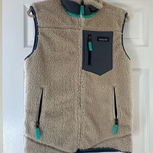 Patagonia Women’s Fleece Vest - Cream and Gray with Teal Accents